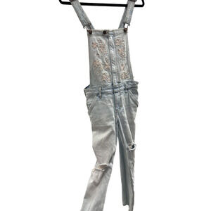 HOLLISTER Embroidered Floral Skinny Distress Denim Overalls All in One Boho Sz S
